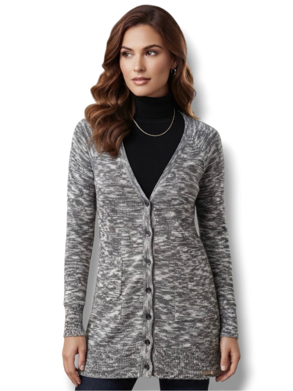 Mudd Black/Gray Marled Boyfriend Deep V Cardigan — Junior’s M Academia Preppy